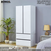 White wardrobe with black accents in a bedroom setting, featuring Bongo Furniture branding.